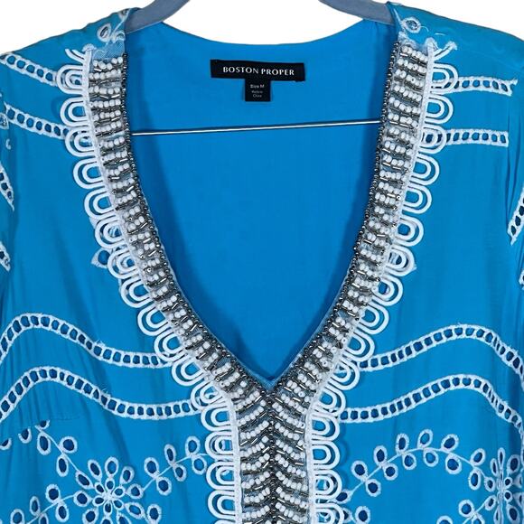 Boston Proper Women’s Turquoise & White Beaded Eyelet Blouse Medium - Picture 2 of 16
